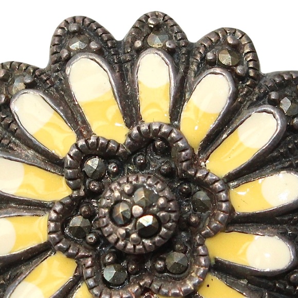 Vintage Yellow Enamel Marcasite Sterling Silver Daisy Flower Stud Earrings Large - Picture 3 of 5